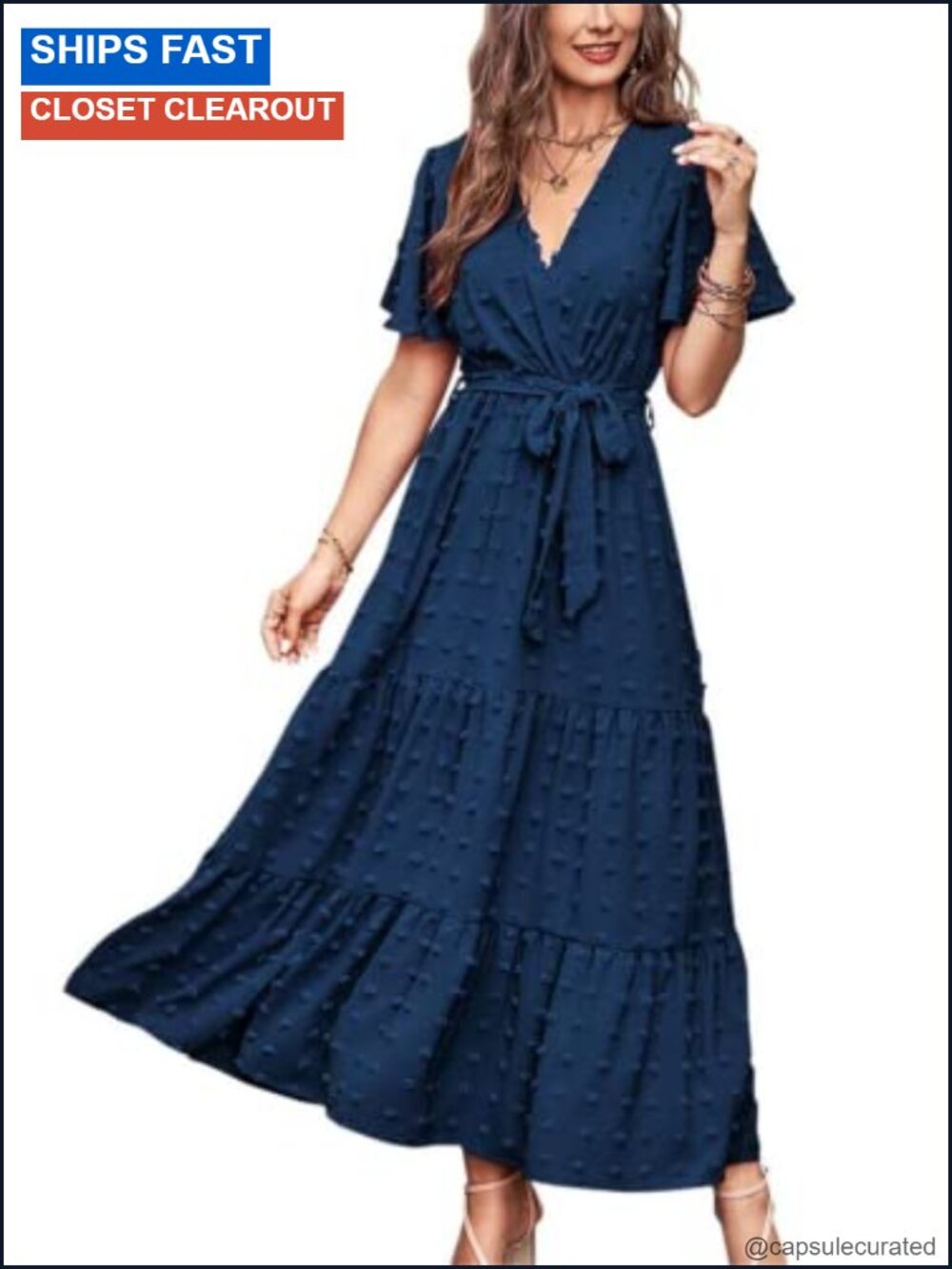 Womens Swiss Dot Maxi Dress Wrap V Neck Flutter Sleeve Tiered Boho